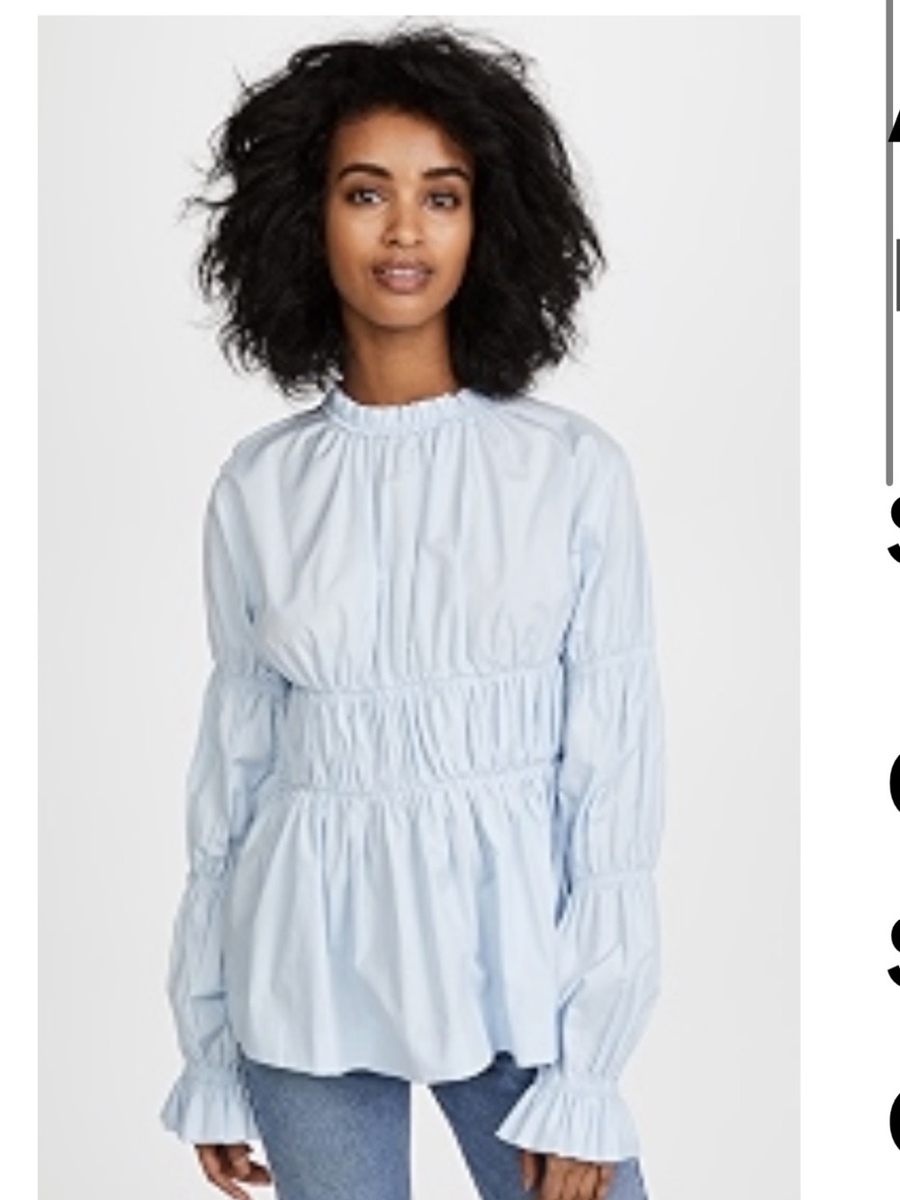 Smocked Waist Light Blue Long-Sleeve Blouse